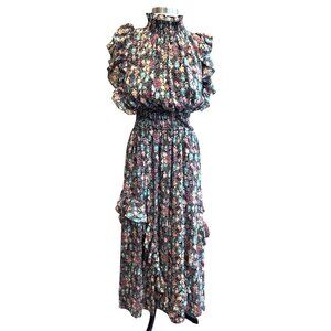 Nanette Lepore Floral High Neck Ruffle Sleeve Long Dress